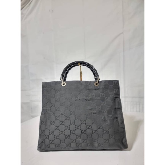 Authentic Gucci GG Nylon Canvas Bamboo Tote Bag Black - Picture 1 of 13